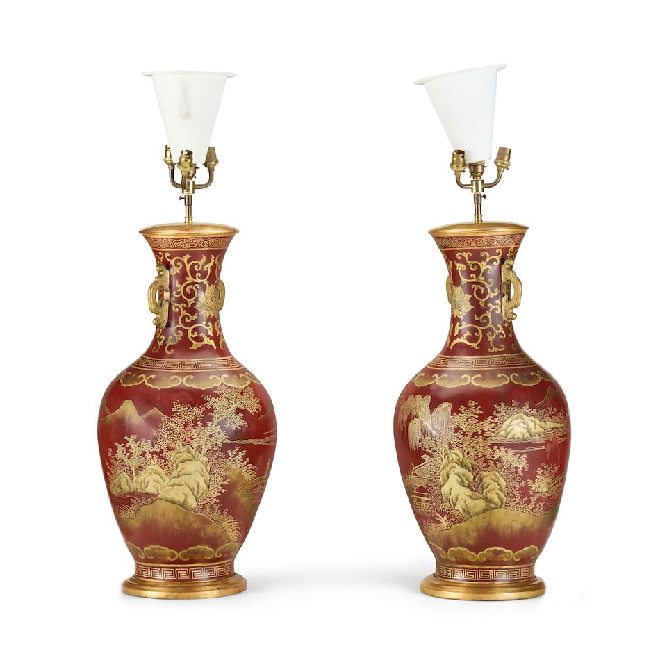 A large pair of red and gilt papier-mâché baluster vases adapted to lamp bases 20th ce... - 4