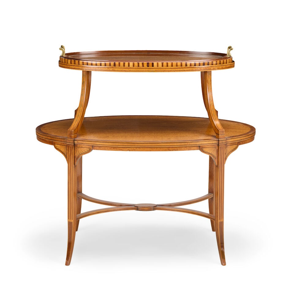 A late 19th century satinwood, mahogany crossbanded and inlaid tray top etagère: A late 19th century satinwood, mahogany crossbanded and inlaid tray top etagère With a detachable glass tray with brass handles above two tiers on shaped square tapering legs, 88.5cm wide x 55cm