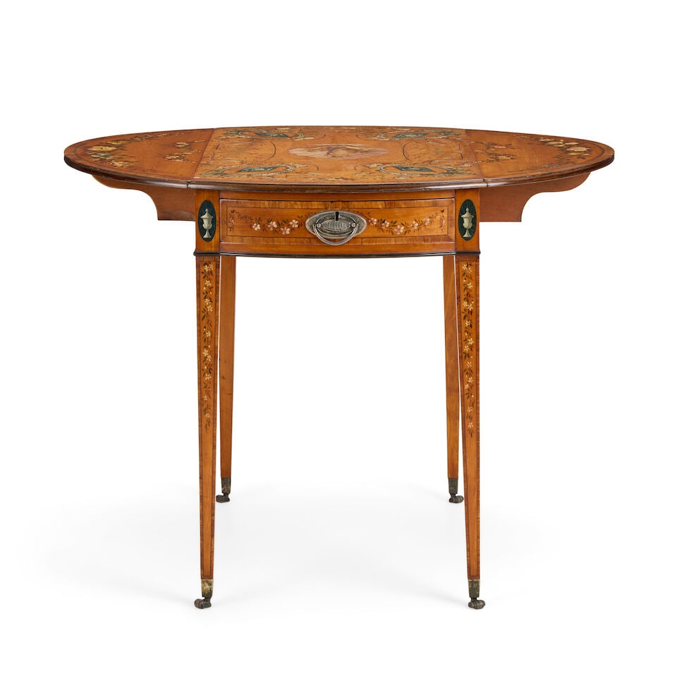 A George III satinwood, tulipwood crossbanded and later polychrome decorated Pembroke table Late... - 2