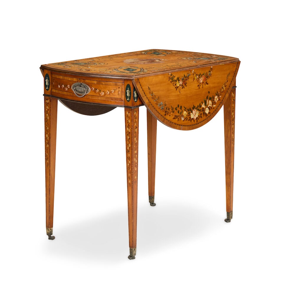 A George III satinwood, tulipwood crossbanded and later polychrome decorated Pembroke table Late... - 4