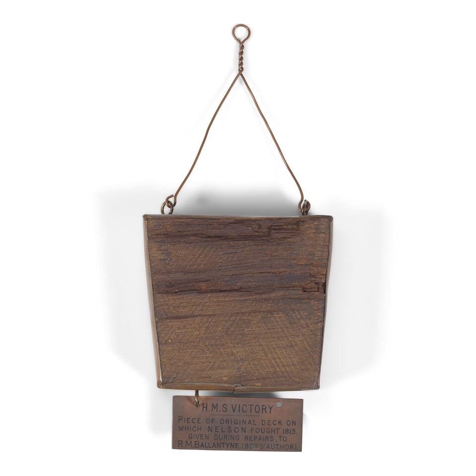 A section of oak reputedly from the deck of HMS Victory: A section of oak reputedly from the deck of HMS Victory The sides mounted in copper engraved 'EVERY MAN ENGLAND EXPECTS TO DO HIS DUTY' with a copper plaque written: H.M.S. VICTORY PIECE OF ORIGINAL D