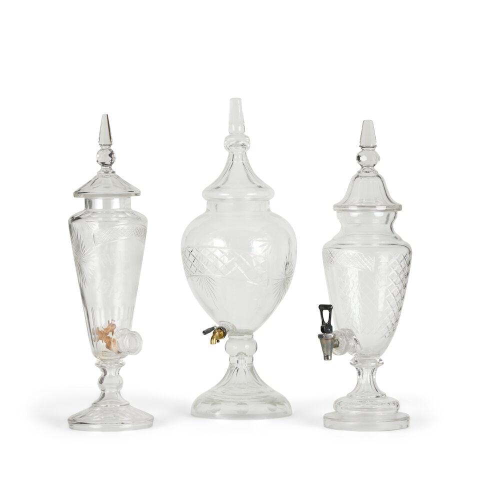 A Victorian glass spirit dispenser by L Lumley & Co Ltd London, together with two other dispense... - 2
