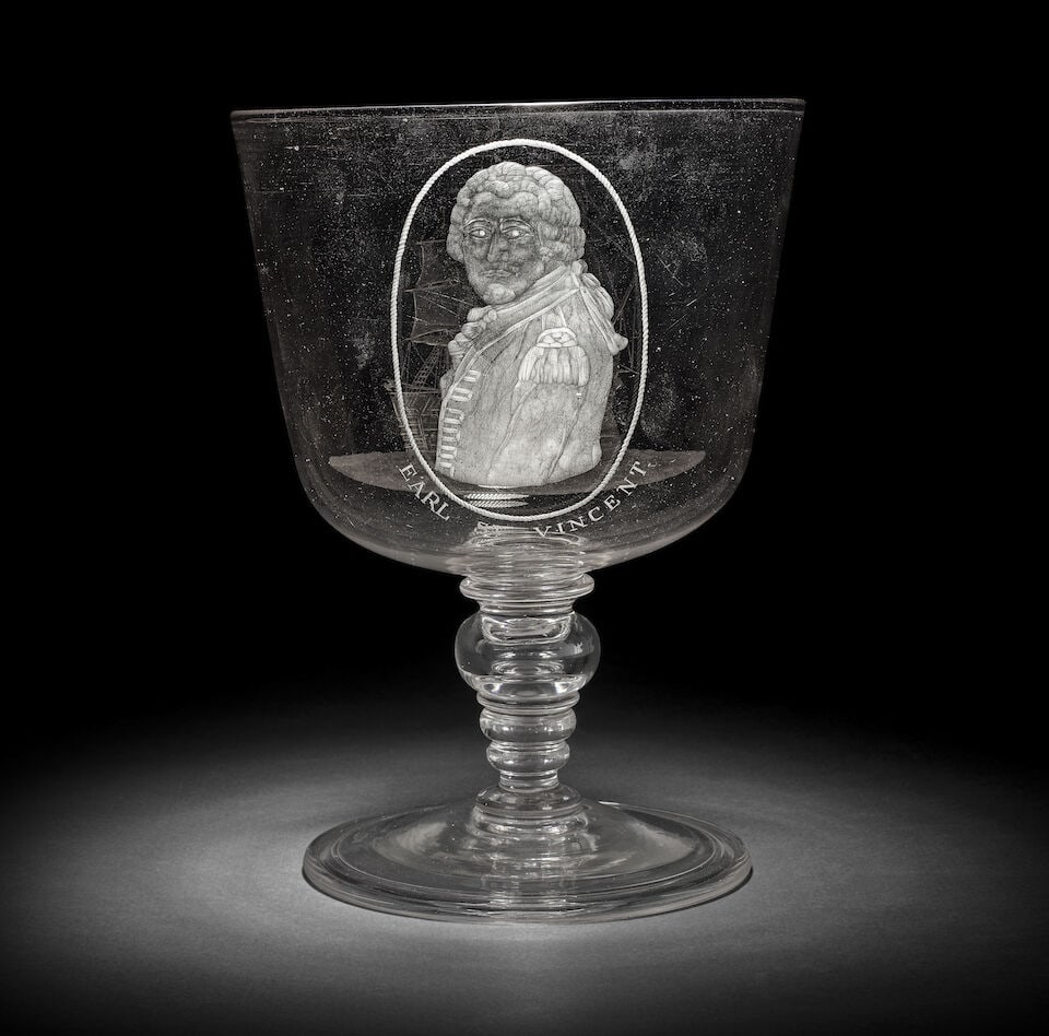 A massive engraved Earl St Vincent commemorative portrait goblet, late 19th century: A massive engraved Earl St Vincent commemorative portrait goblet, late 19th century The generous rounded bowl with a half-length portrait of John Jervis, 1st Earl of St Vincent, within an oval ropetwi