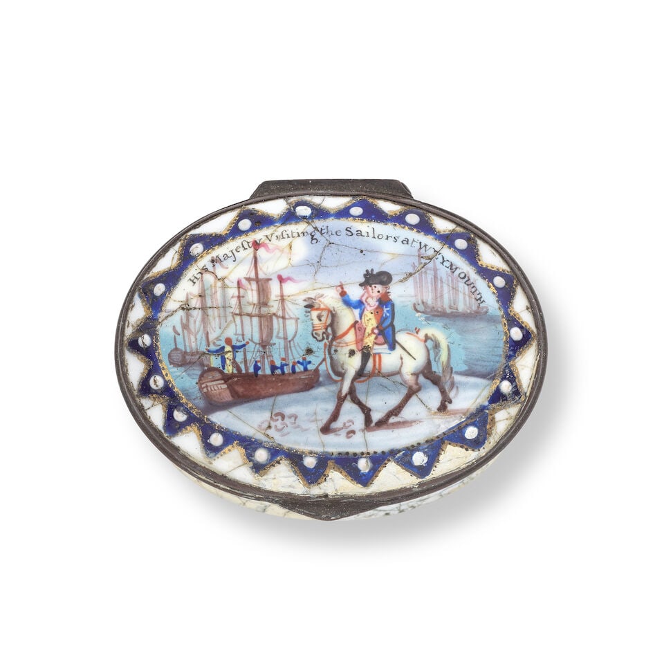King George III at Weymouth: A rare South Staffordshire enamel patch box, circa 1800: King George III at Weymouth: A rare South Staffordshire enamel patch box, circa 1800 Painted with 'His Majesty Visiting the Sailors at WEYMOUTH', King George in fine regalia astride his horse greeting