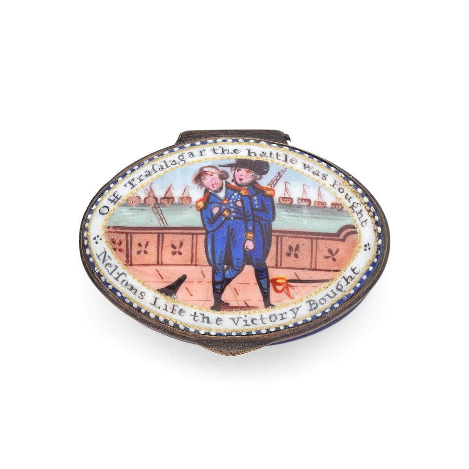 A South Staffordshire enamel patch box, early 19th century: A South Staffordshire enamel patch box, early 19th century Painted with the moment of Nelson's fatal wound on Victory, supported by Captain Hardy, inscribed around the mount 'Off Trafalgar the battle