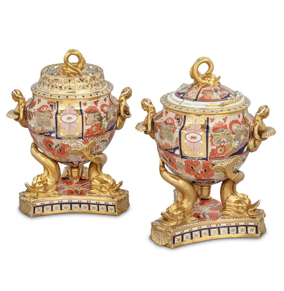 A pair of Chamberlain Worcester ice pails, covers and liners, circa 1800-10: A pair of Chamberlain Worcester ice pails, covers and liners, circa 1800-10 Of generous size, the urn forms applied with gilt mermaid handles, supported on the tails of three dolphins, the triform bas