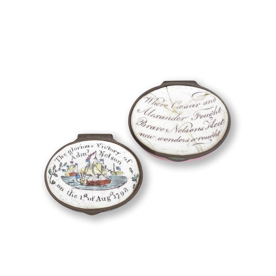 The Battle of the Nile: Two South Staffordshire enamel patch boxes, circa 1800: The Battle of the Nile: Two South Staffordshire enamel patch boxes, circa 1800 One printed and hand-coloured with 'The glorious Victory of Adml Nelson on the 1st of Augst 1798', the naval battle ongoi