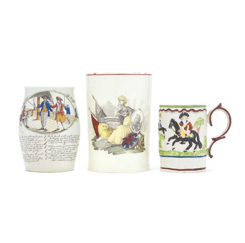 Three creamware or pearlware mugs, circa 1790-1810: Three creamware or pearlware mugs, circa 1790-1810 The smallest moulded in relief and picked out in bright enamels with the equestrian figure of the Duke of Cumberland, the reverse with Hercules the s
