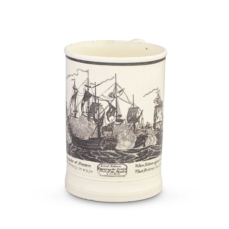 Battle of the Nile: a creamware mug, circa 1810: Battle of the Nile: a creamware mug, circa 1810 Probably Dawson & Co, Sunderland, printed in black with 'Lord Nelson Engaging the Toulon Fleet of the Mouths of the Nile', the battle depicted in full s