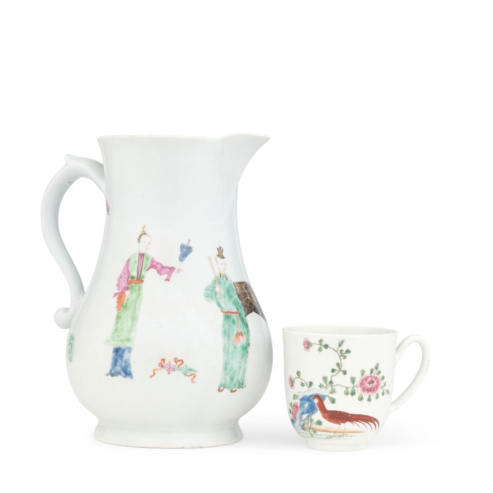 A Worcester cider jug and a coffee cup, circa 1754 - 2