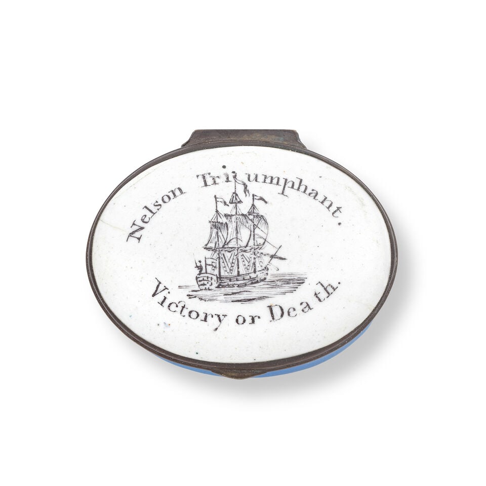 Victory or Death: A South Staffordshire enamel patch box, early 19th century: Victory or Death: A South Staffordshire enamel patch box, early 19th century Printed with a Man of War and the motto 'Nelson Triumphant, Victory or Death', the base painted a vibrant blue, the interio