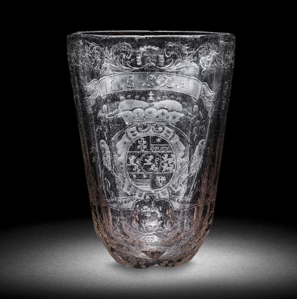 A Bohemian engraved armorial bowl from a goblet, circa 1720 (1 of 2)
