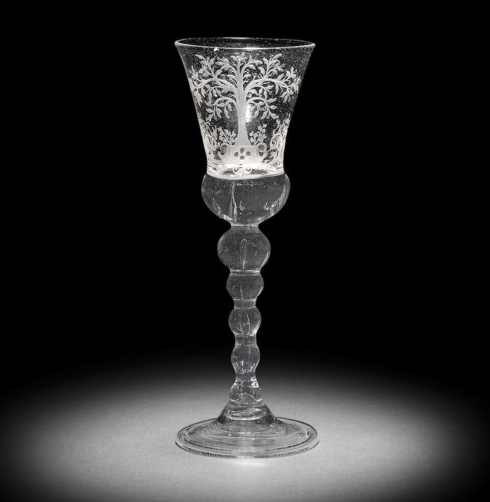 A Dutch engraved baluster 'Orangist' wine glass, mid-18th century (1 of 1)
