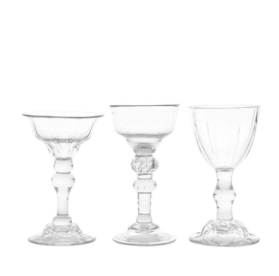 Three baluster sweetmeat or champagne glasses, circa 1730-40 (1 of 1)