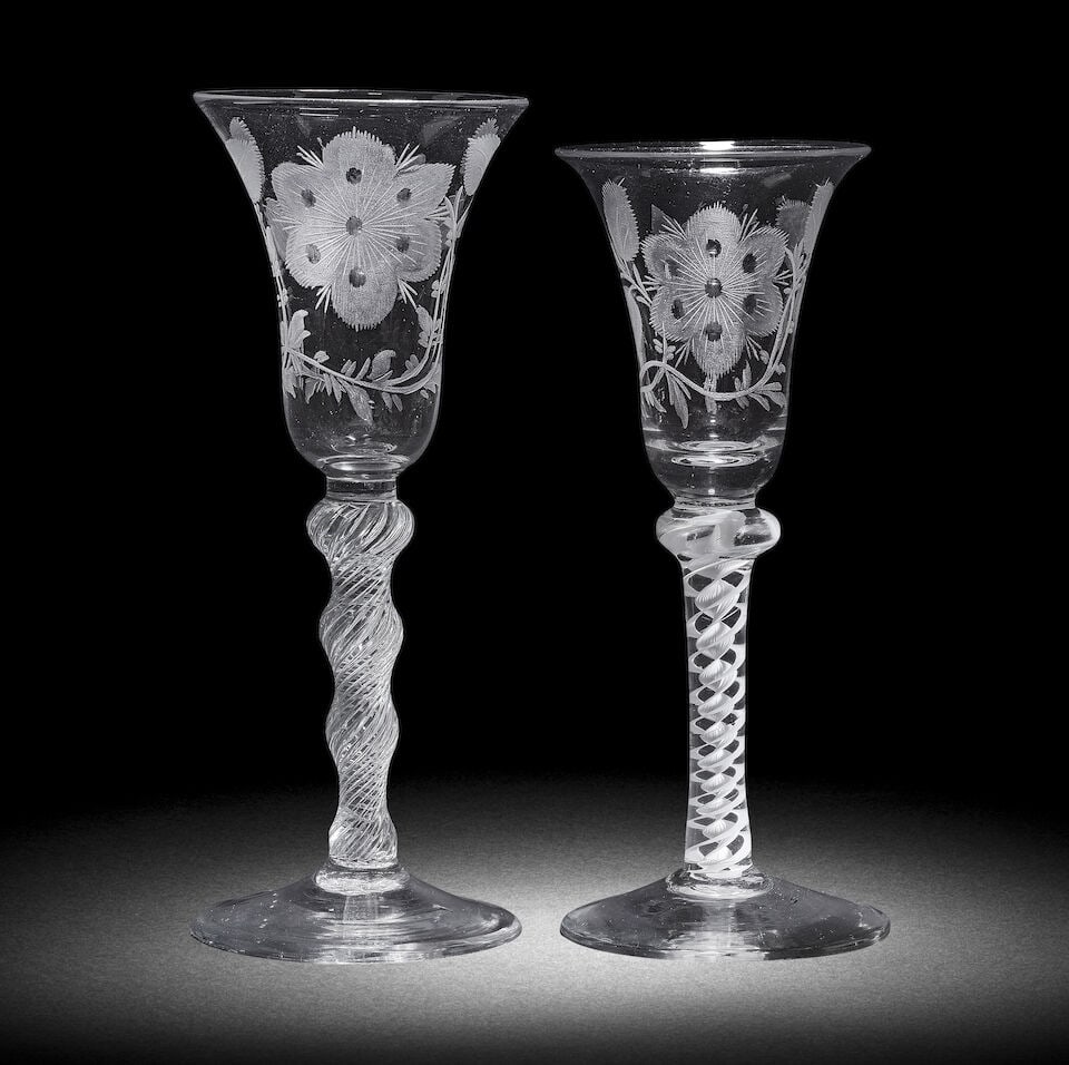 Two engraved wine glasses with twist stems of possible Jacobite significance, circa 1750-65 (1 of 1)