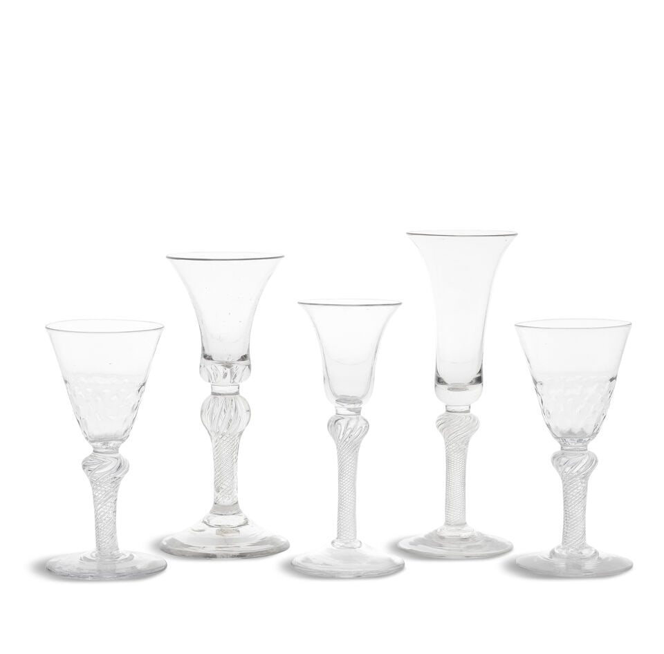 Four airtwist wine glasses and an ale glass or wine flute, circa 1750 (1 of 1)