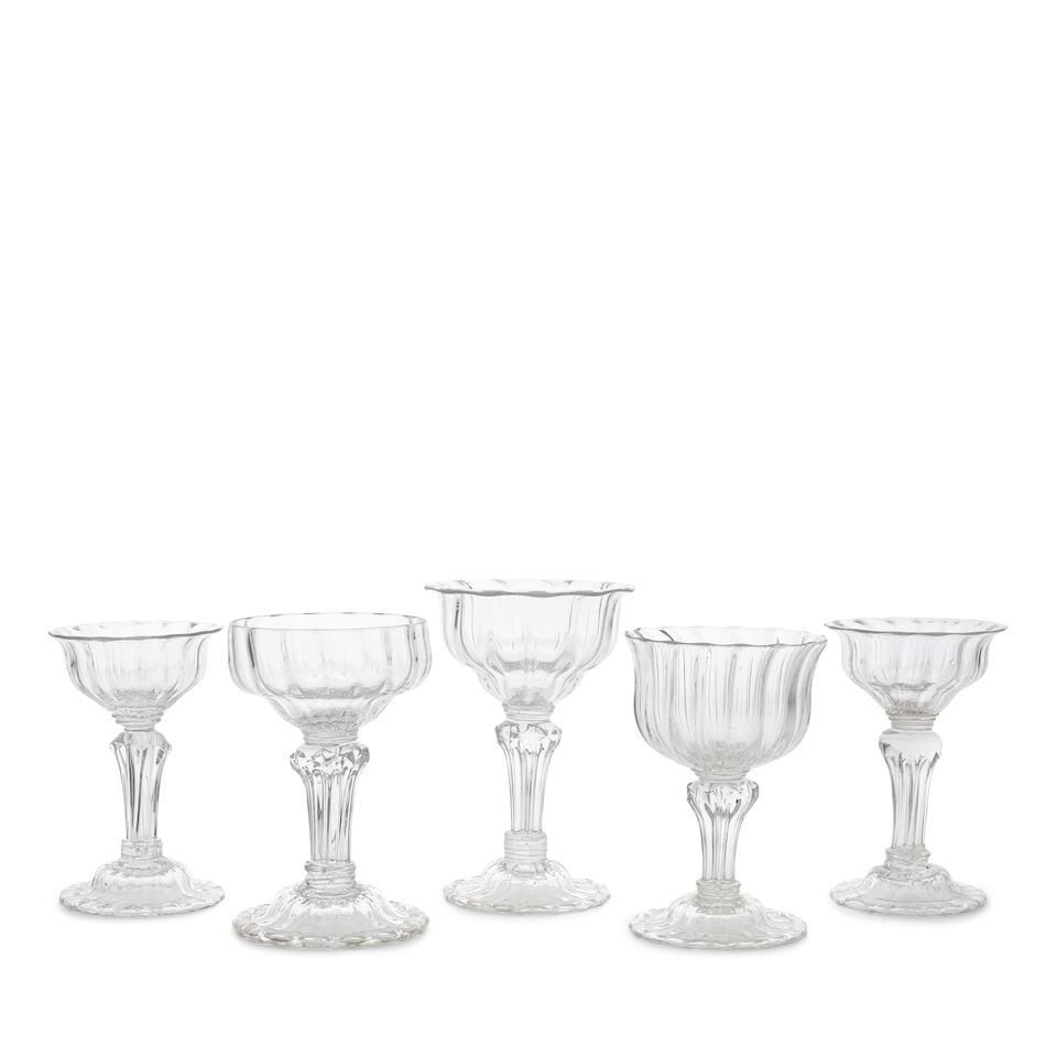 Five attractive moulded stem sweetmeat or champagne glasses, circa 1740-50 (1 of 1)