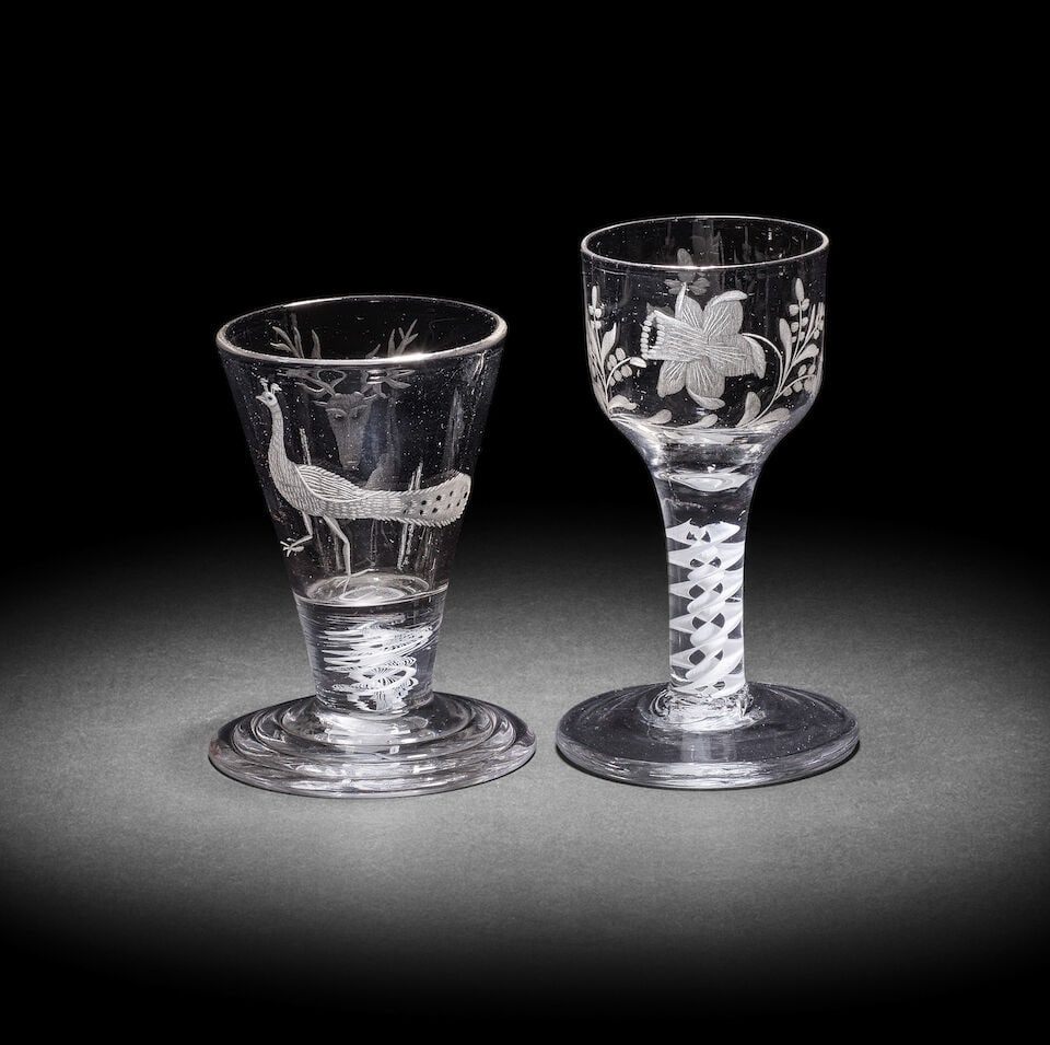 Two engraved opaque twist firing glasses, circa 1765 (1 of 1)