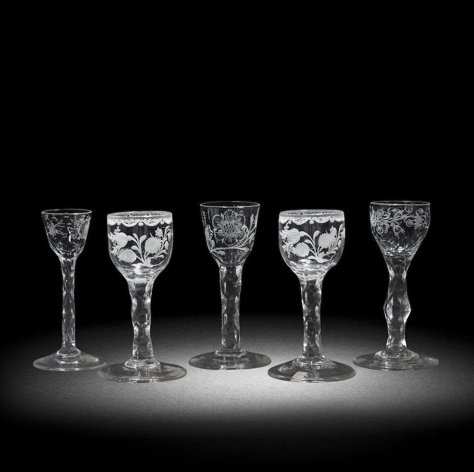 Five engraved facet stem wine glasses, circa 1770-80 (1 of 1)