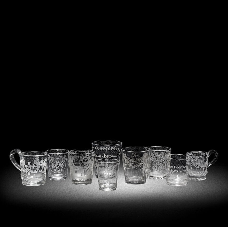 Seven engraved tumblers and two named mugs, late 18th and 19th century (1 of 1)