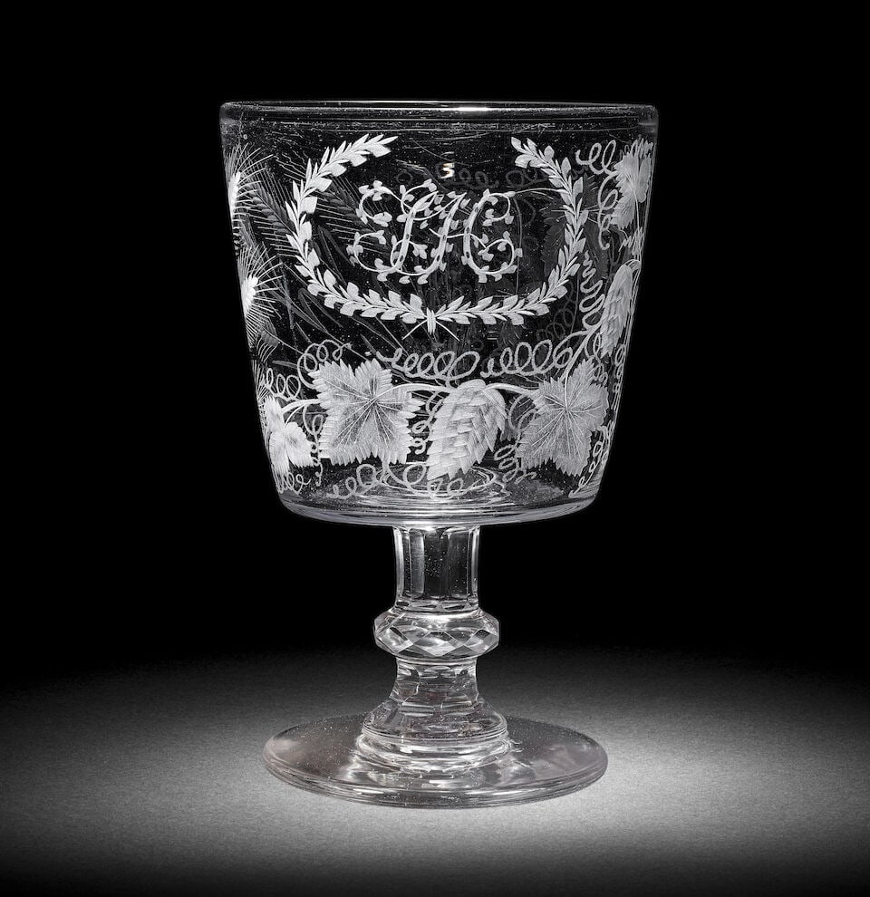 A massive engraved ceremonial ale goblet or rummer, early 19th century: A massive engraved ceremonial ale goblet or rummer, early 19th century Of particularly large proportions, the generous thick-walled bucket bowl profusely decorated with hops and barley, with the initi