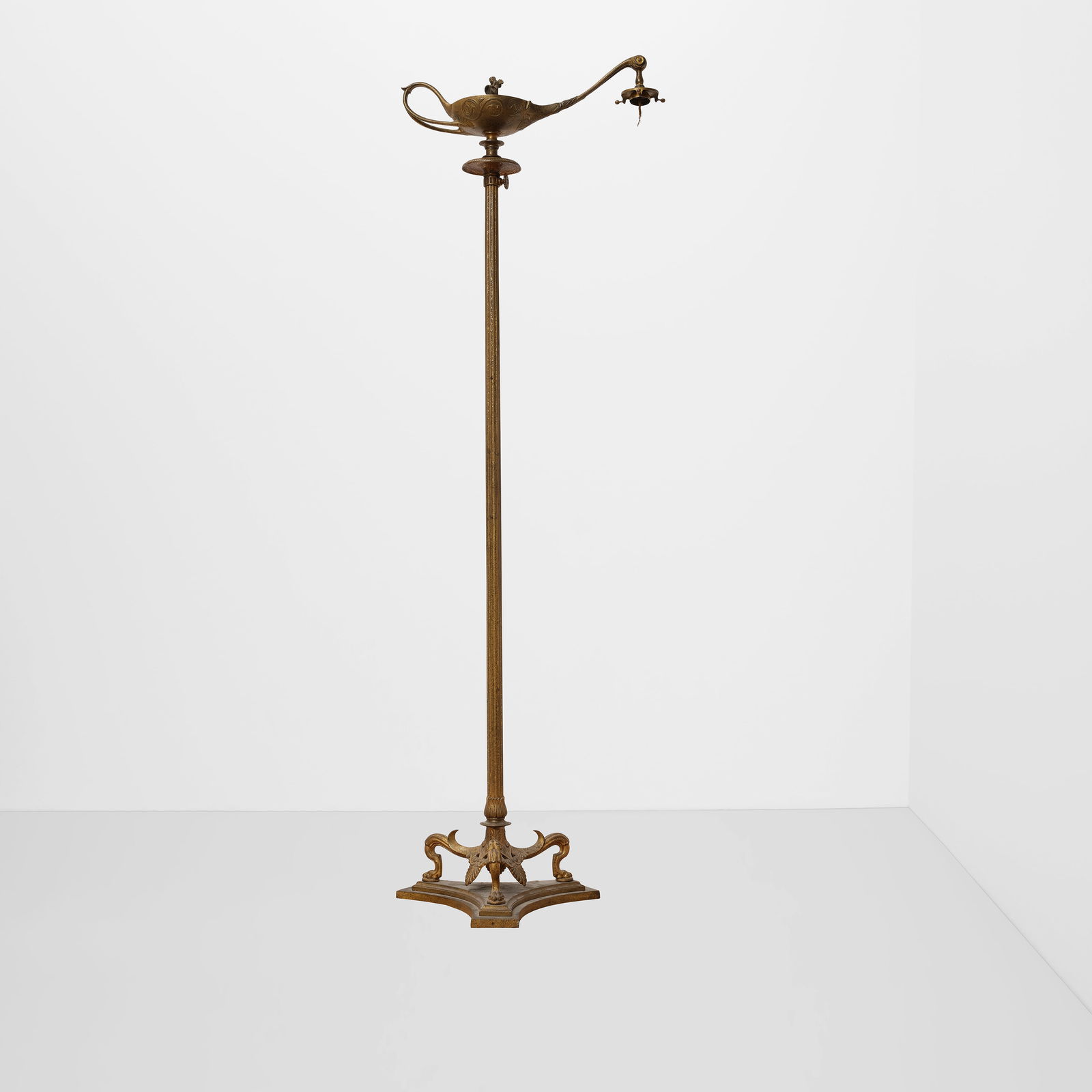 TIFFANY STUDIOS (1899-1930) Aladdin (Pompeian) Floor Lamp circa 1910with American decorated glas...: TIFFANY STUDIOS (1899-1930) Aladdin (Pompeian) Floor Lamp circa 1910 with American decorated glass shade, patinated bronze, glass, base with 'TIFFANY STUDIOS NEW YORK 576' on underside height of base