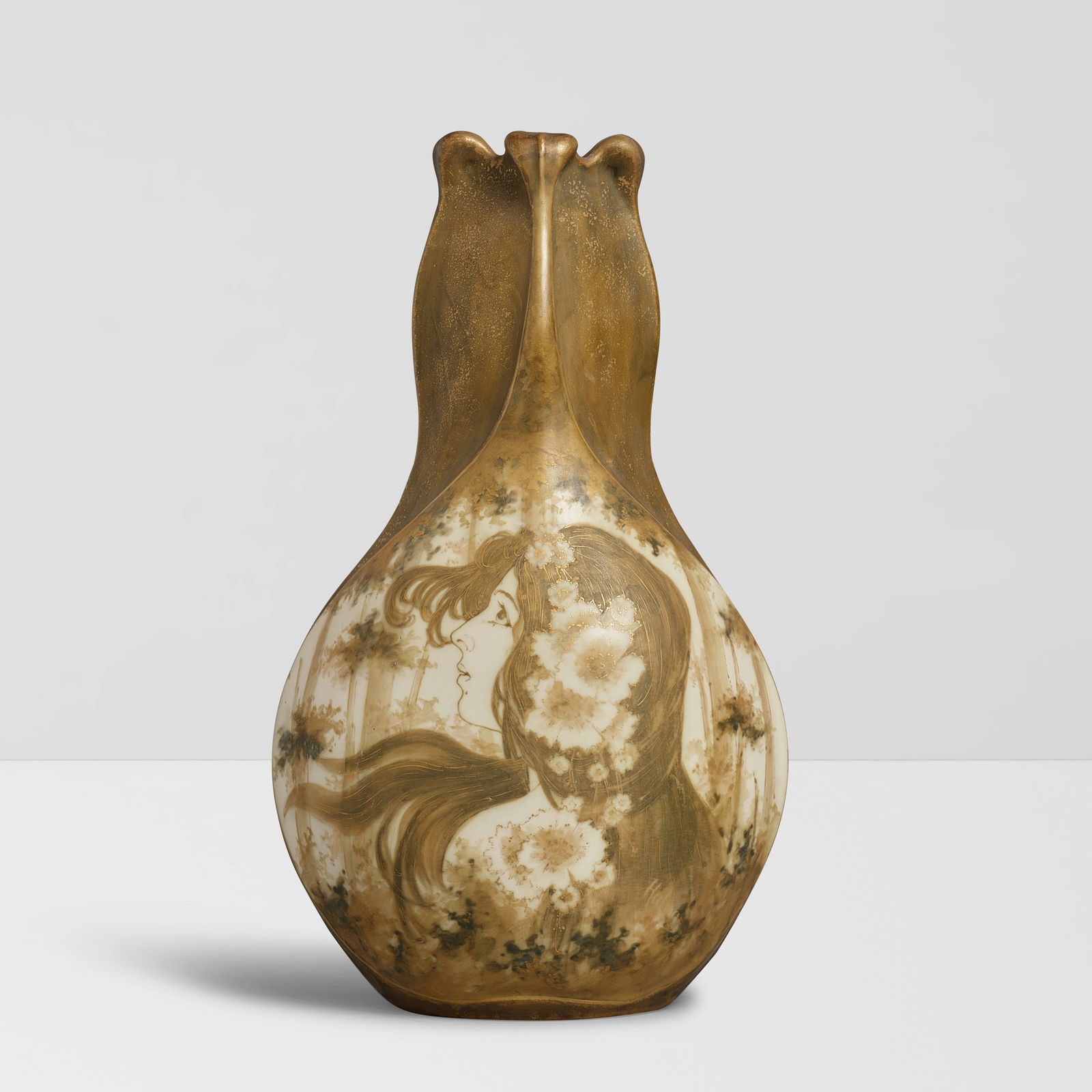 AMPHORA (FOUNDED 1892) Flower Woman Vasecirca 1895painted and gilt porcelain, inscribed 'AMPHORA...: AMPHORA (FOUNDED 1892) Flower Woman Vase circa 1895 painted and gilt porcelain, inscribed 'AMPHORA TURN' and '3', stamped 'AMPHORA' and '5', stamped 'TURN-TEPLITZ-BOHEMIA RStK MADE IN AUSTRIA' on unde