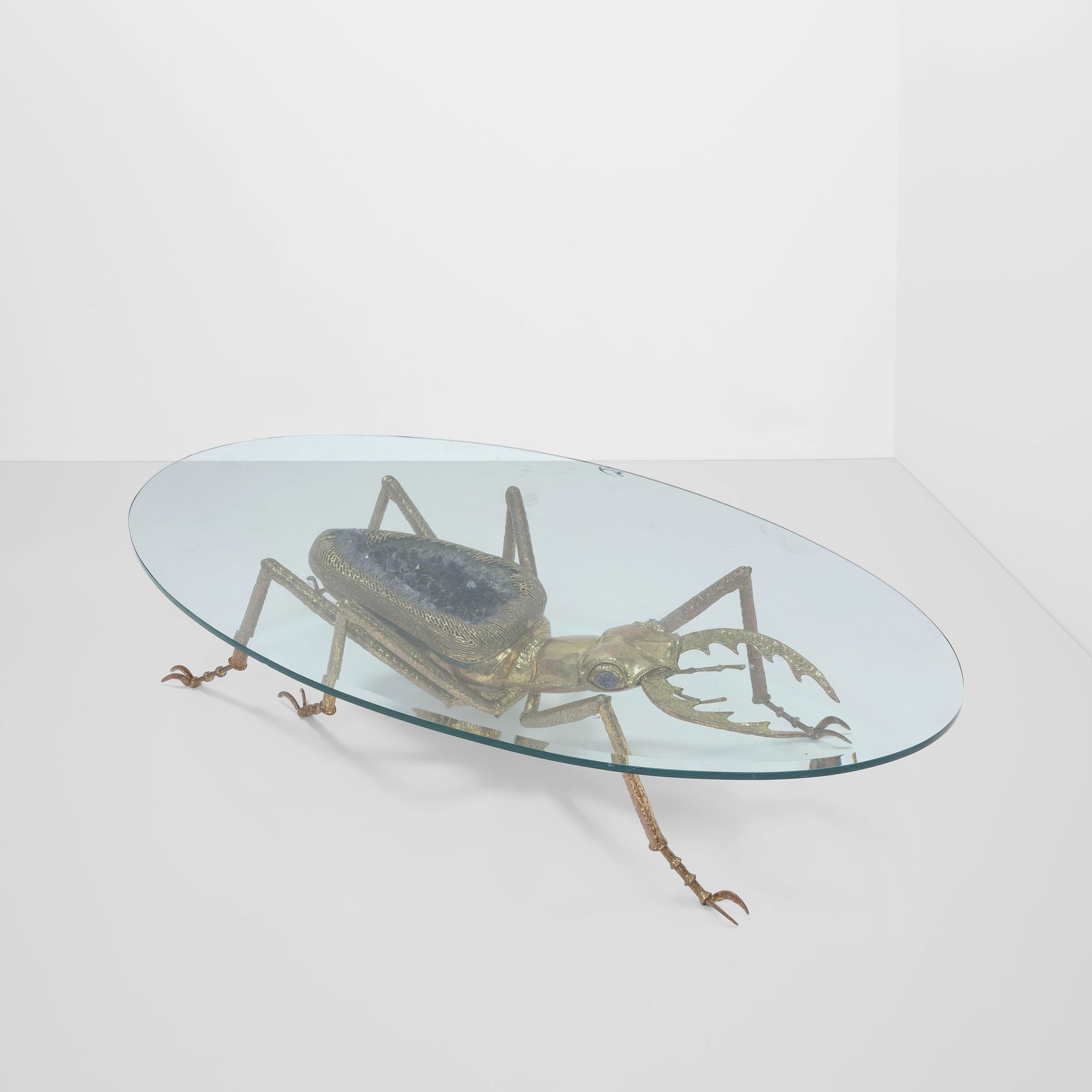 JACQUES DUVAL BRASSEUR (1934-2021) Beetle Coffee Tablecirca 1970gilt bronze, amethyst, glass, in...: JACQUES DUVAL BRASSEUR (1934-2021) Beetle Coffee Table circa 1970 gilt bronze, amethyst, glass, incised 'JD Brasseur' on side of beetle height with glass 15 1/2in (39.3cm); length 69 3/4in (177.2cm);