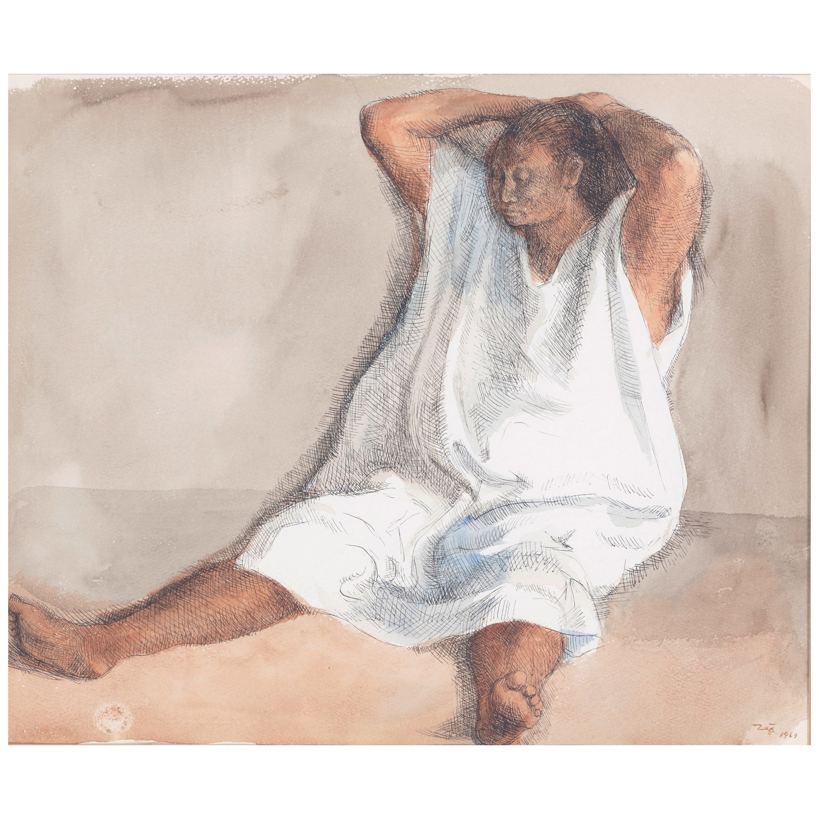 FRANCISCO ZÚÑIGA (1912-1998) Mujer Sentada1969watercolor and ink on paper, signed and ...: FRANCISCO ZÚÑIGA (1912-1998) Mujer Sentada 1969 watercolor and ink on paper, signed and dated 'Zúñiga 1969' lower right 10 1/2 x 13 3/4in (26.7 x 34.9cm)