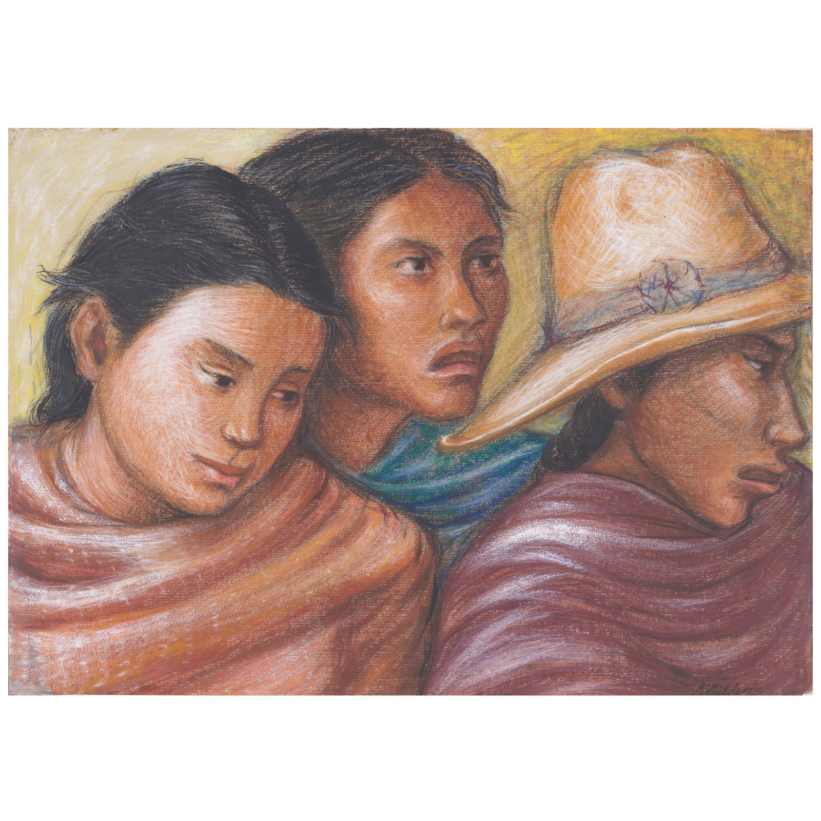 CELIA CALDERÓN (1921-1969) Untitled (Three Women)oil and pastel on paper, signed 'C. Calder...: CELIA CALDERÓN (1921-1969) Untitled (Three Women) oil and pastel on paper, signed 'C. Calderon' lower right, ink and pastel study of a young girl en verso 18 1/2 x 26 1/4in (47 x 66.6cm)