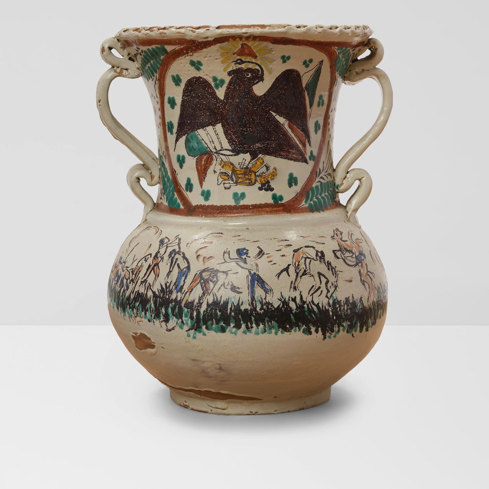 GORKY GONZÁLEZ QUIÑONES (1939-2017) Mexican Eagle Potglazed and painted earthenware, i...: GORKY GONZÁLEZ QUIÑONES (1939-2017) Mexican Eagle Pot glazed and painted earthenware, initialed 'GTO' and with added maker's mark on the underside height 21 3/4in (55.3cm); widest width 17in