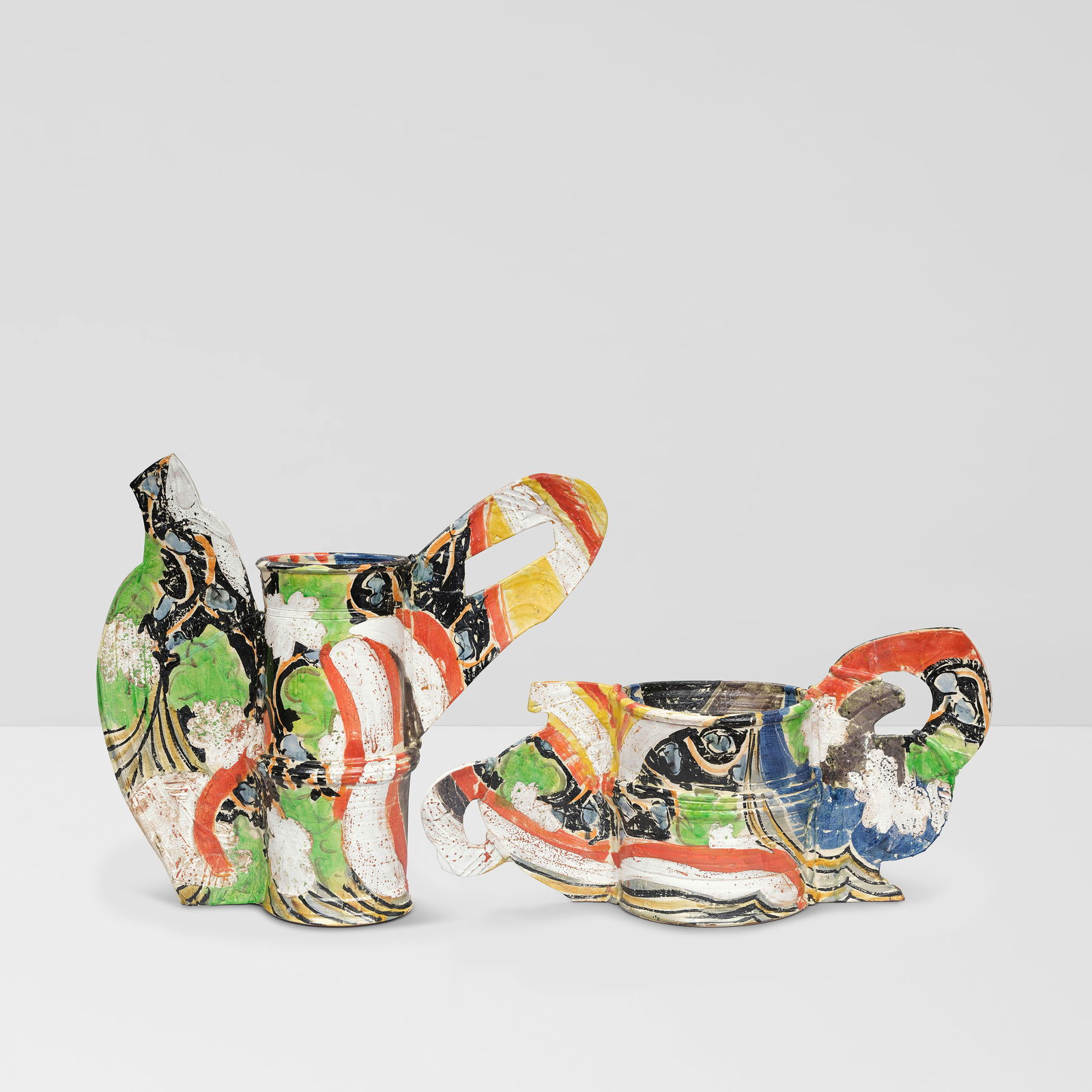 BETTY WOODMAN (1930-2018) Untitled Diptych (Red and White Band)glazed earthenware, each stamped...: BETTY WOODMAN (1930-2018) Untitled Diptych (Red and White Band) glazed earthenware, each stamped 'WOODMAN' height of first 18in (45.7cm); width 35in (88.9cm); depth 11 1/4in (28.6cm); height of second