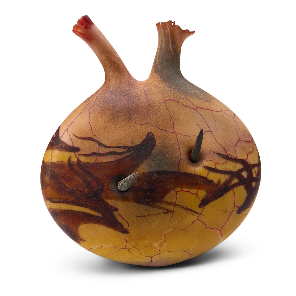 WILLIAM MORRIS (BORN 1957) 'ARTIFACT: POUCH' 1995, blown, vitrified and enameled glass, signed a...: WILLIAM MORRIS (BORN 1957) 'ARTIFACT: POUCH' 1995, blown, vitrified and enameled glass, signed and dated 'William Morris 1995,' pouch ht. 19, wd. 17 1/2, dp. 5, tooth lg. 13 3/8 and 15 1/2 in. Footnot