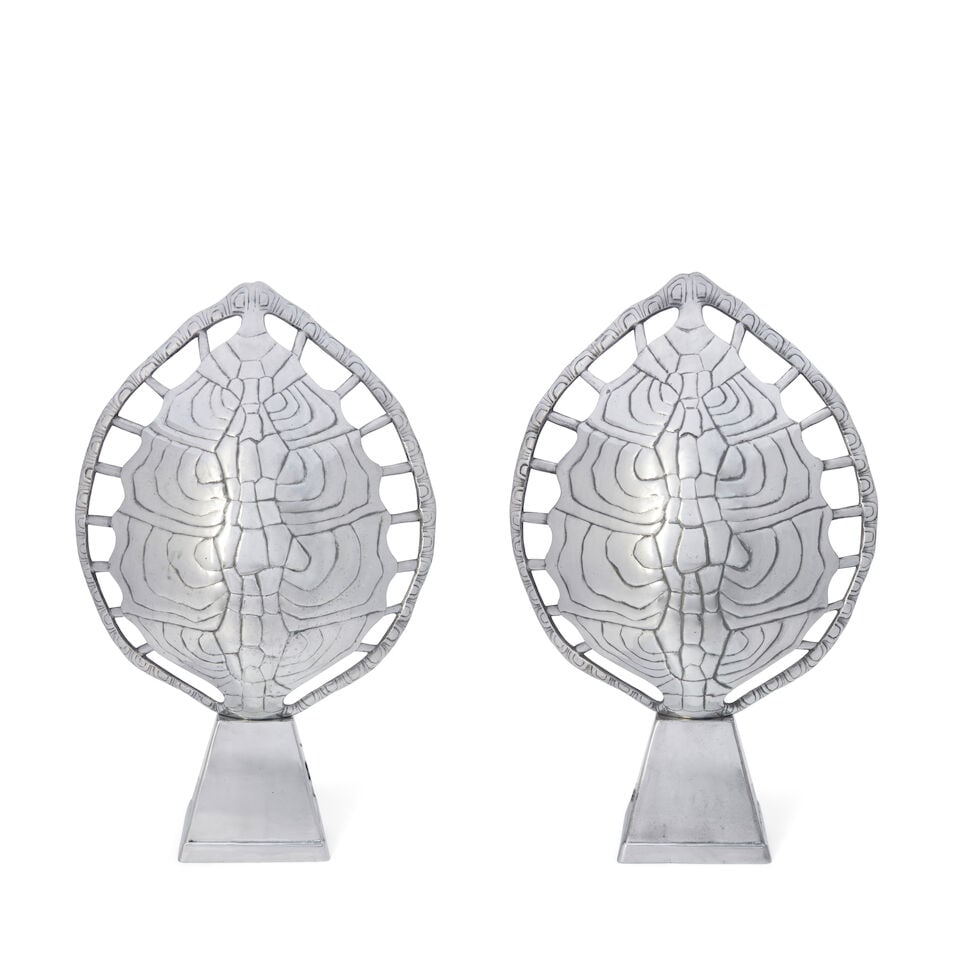 ARTHUR COURT (FOUNDED 1966) PAIR OF 'TORTOISESHELL' TABLE LAMPS circa 1975, cast aluminum, singl...: ARTHUR COURT (FOUNDED 1966) PAIR OF 'TORTOISESHELL' TABLE LAMPS circa 1975, cast aluminum, single sockets, unmarked height 31 1/2in; width 21in; depth 6in Footnotes: Provenance Lobel Modern, New York,