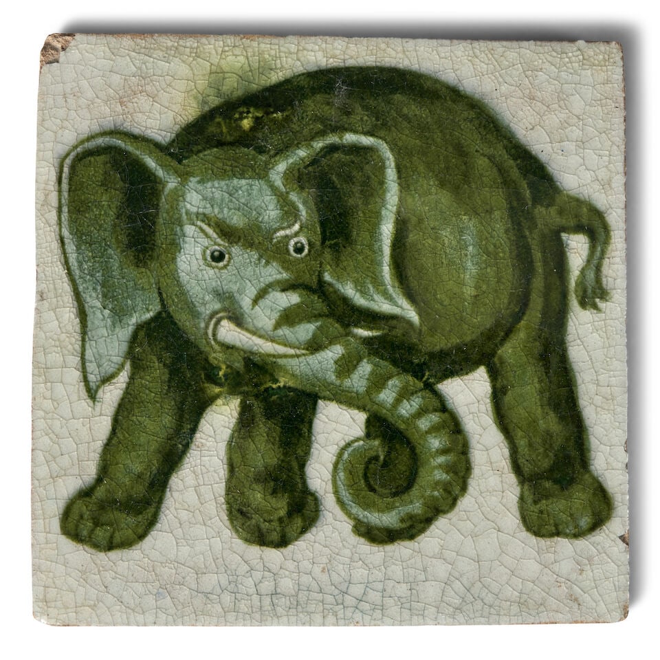 WILLIAM DE MORGAN (1839-1917) 'ELEPHANT' TILE Chelsea, England, 1872-1881, glazed ceramic, impre...: WILLIAM DE MORGAN (1839-1917) 'ELEPHANT' TILE Chelsea, England, 1872-1881, glazed ceramic, impressed stamp mark 'W. De Morgan' in oval, ht. 6 1/4, wd. 6 1/4 in. Footnotes: Note A closely related water