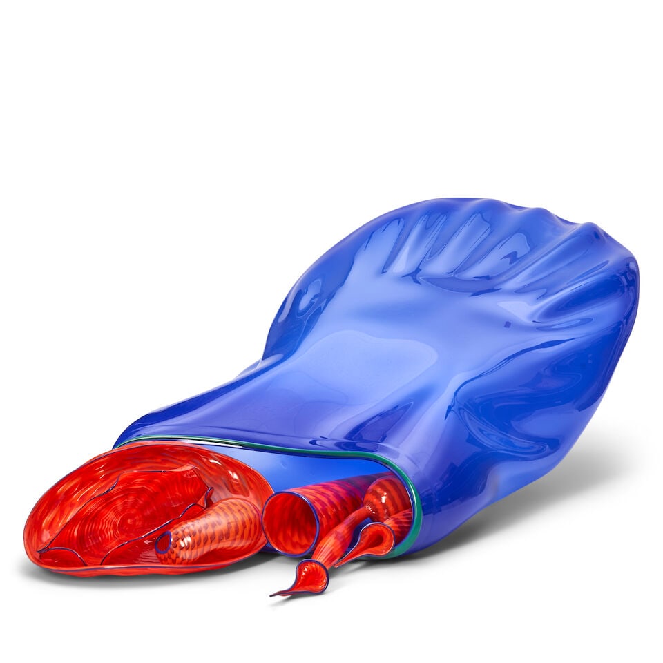 DALE CHIHULY (BORN 1941) LARGE COBALT BLUE BASKET AND ORANGE PERSIAN SET dated 1988, blown glass... (1 of 9)
