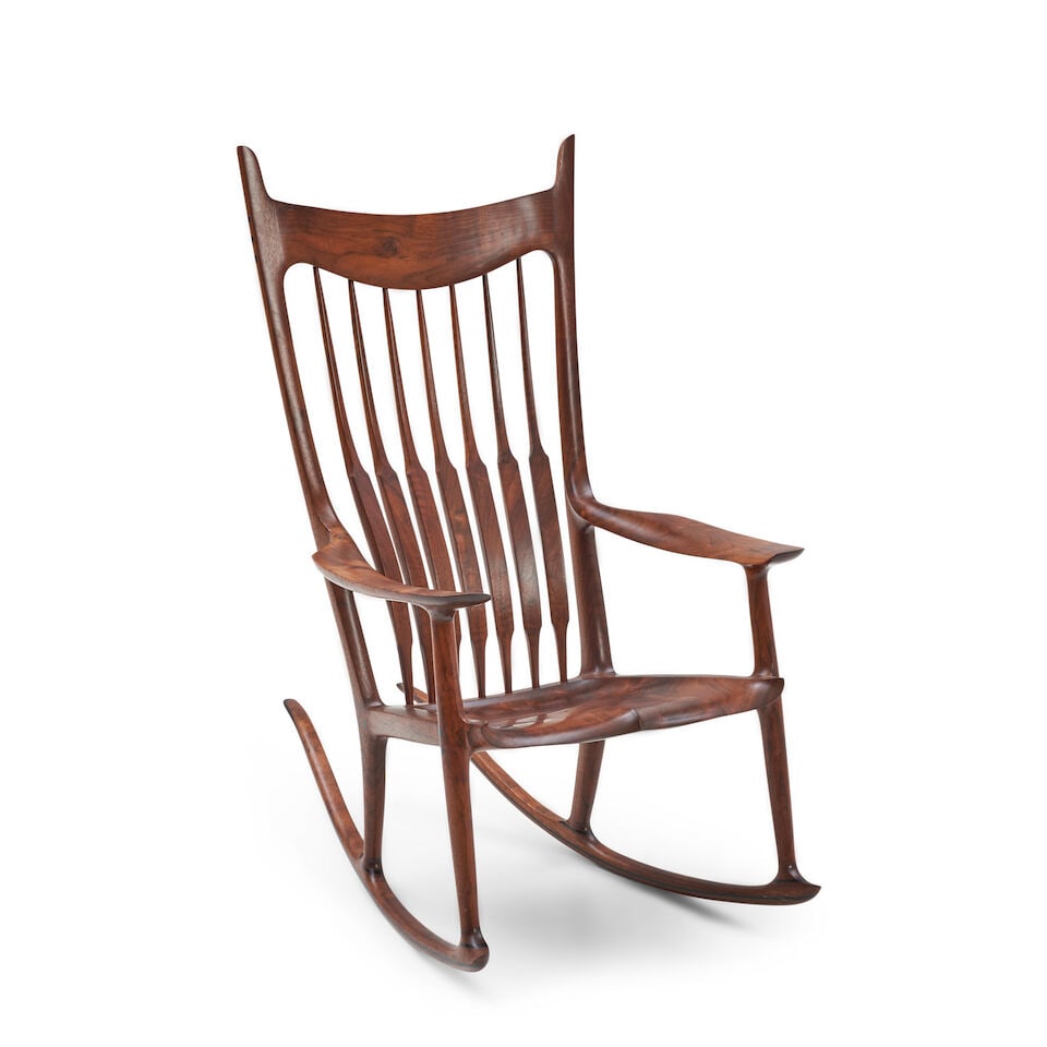 SAM MALOOF WOODWORKER ROCKING CHAIR Alta Loma, California, 2012, walnut, ebony, carved on unders...: SAM MALOOF WOODWORKER ROCKING CHAIR Alta Loma, California, 2012, walnut, ebony, carved on underside 'No. 26 2012, Sam Maloof Woodworker, Inc. © SM Mj IW DW,' ht. 47 1/2, seat ht. 16 3/4, wd. 27 1