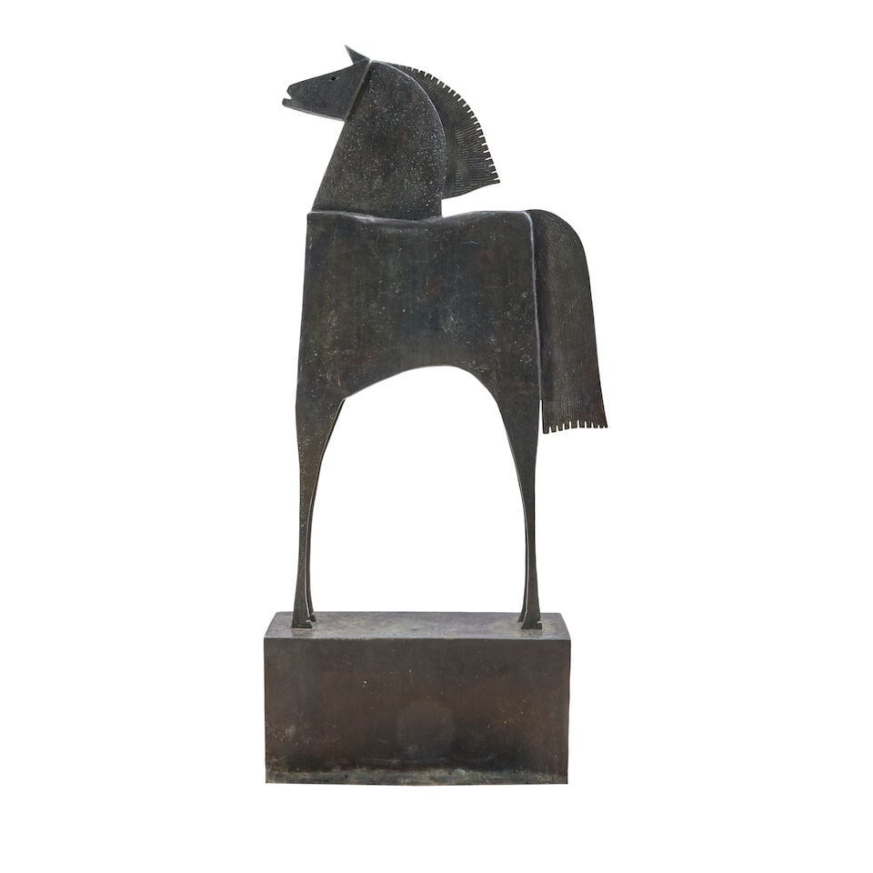 CARLOS MATA (1949-2008) 'CABALLO' Spain, late 20th/early 21st century, bronze, foundry mark and ...: CARLOS MATA (1949-2008) 'CABALLO' Spain, late 20th/early 21st century, bronze, foundry mark and 'Art Casting Belgium 2/8,' total ht. 74 3/4, wd. 35, dp. 10, integrated plinth, ht. 15, wd. 30 3/4, dp. 