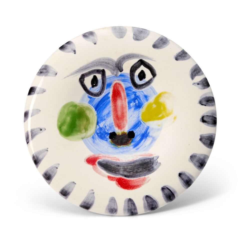 PABLO PICASSO (1881-1973) 'VISAGE NO. 202' PLATE Vallauris, France, Madoura Pottery, designed 19...: PABLO PICASSO (1881-1973) 'VISAGE NO. 202' PLATE Vallauris, France, Madoura Pottery, designed 1963, edition of 500, Ramie 495, earthenware decorated with colored engobes and glazes, glazed marks 'No. 