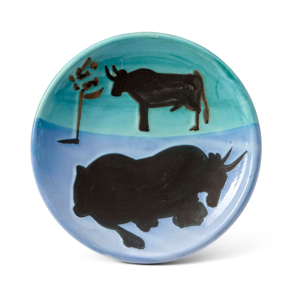 PABLO PICASSO (1881-1973) 'TOROS' PLATE Vallauris, France, Madoura Pottery, designed 1952, edit...: PABLO PICASSO (1881-1973) 'TOROS' PLATE Vallauris, France, Madoura Pottery, designed 1952, edition of 500, Ramie 161, earthenware with decoration in engobes and paraffin, incised mark 'Edition Picasso