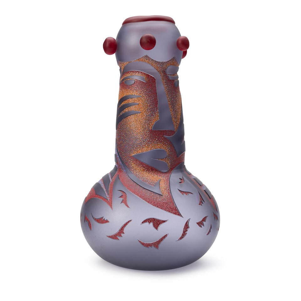 DAN DAILEY (BORN 1947) 'REGAL WOMAN' United States, 1992, blown glass with sandblasted surface d...: DAN DAILEY (BORN 1947) 'REGAL WOMAN' United States, 1992, blown glass with sandblasted surface drawing, acid polish and vitreous enamel, incised mark 'FV - 70 - 92,' ht. 20 in. Footnotes: Provenance A