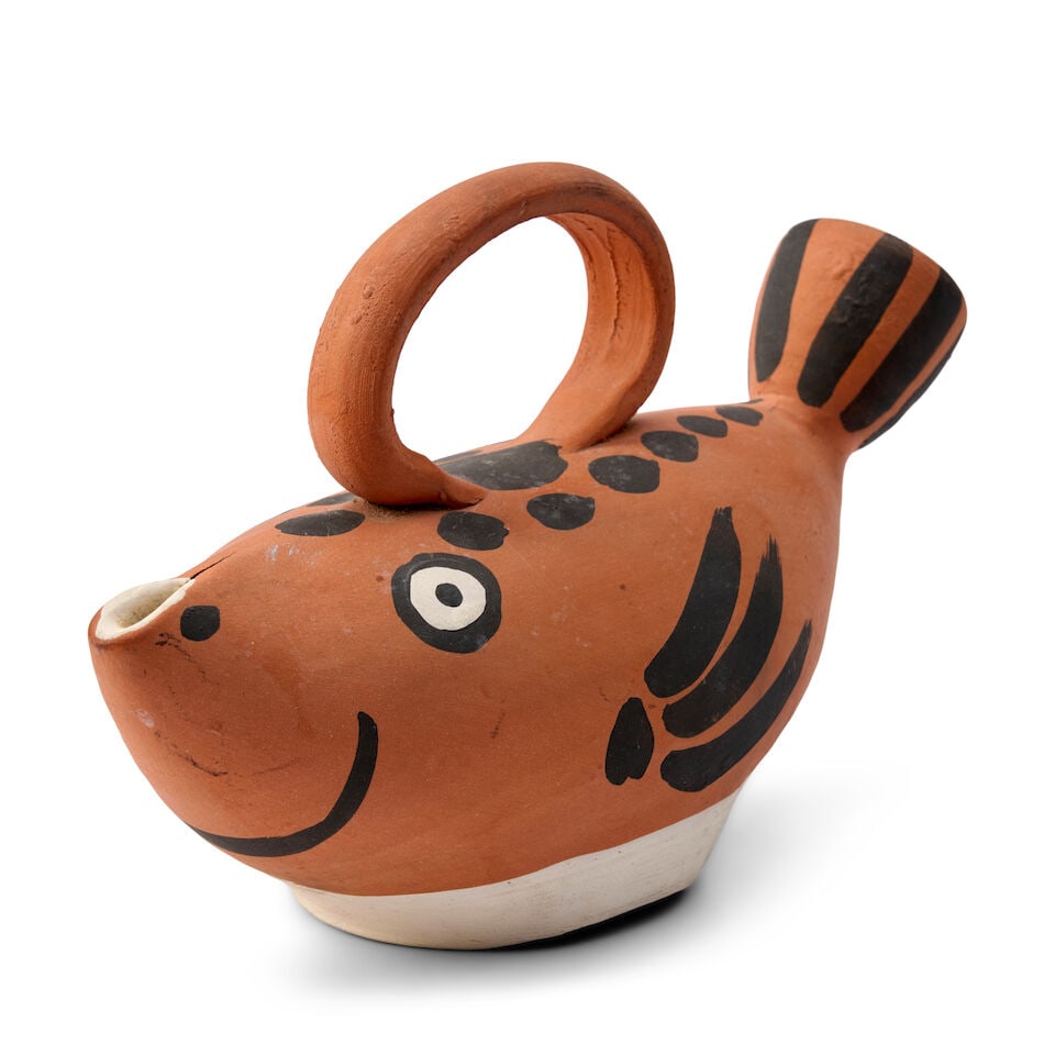 PABLO PICASSO (1881-1973) 'SUJET POISSON' PITCHER Vallauris, France, Madoura Pottery, designed 1...: PABLO PICASSO (1881-1973) 'SUJET POISSON' PITCHER Vallauris, France, Madoura Pottery, designed 1952, edition of 500, Ramie 139, earthenware with engobes decoration, incised mark 'Edition Picasso Madou