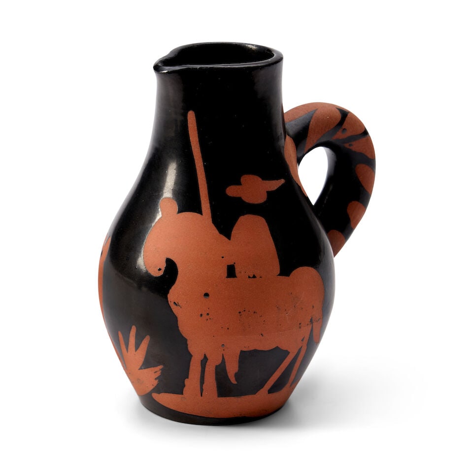 PABLO PICASSO (1881-1973) 'PICADOR' PITCHER Vallauris, France, Madoura Pottery, designed 1952, e...: PABLO PICASSO (1881-1973) 'PICADOR' PITCHER Vallauris, France, Madoura Pottery, designed 1952, edition of 500, Ramie 162, earthenware with paraffin decoration, glazed mark 'Edition Picasso Madoura,' h