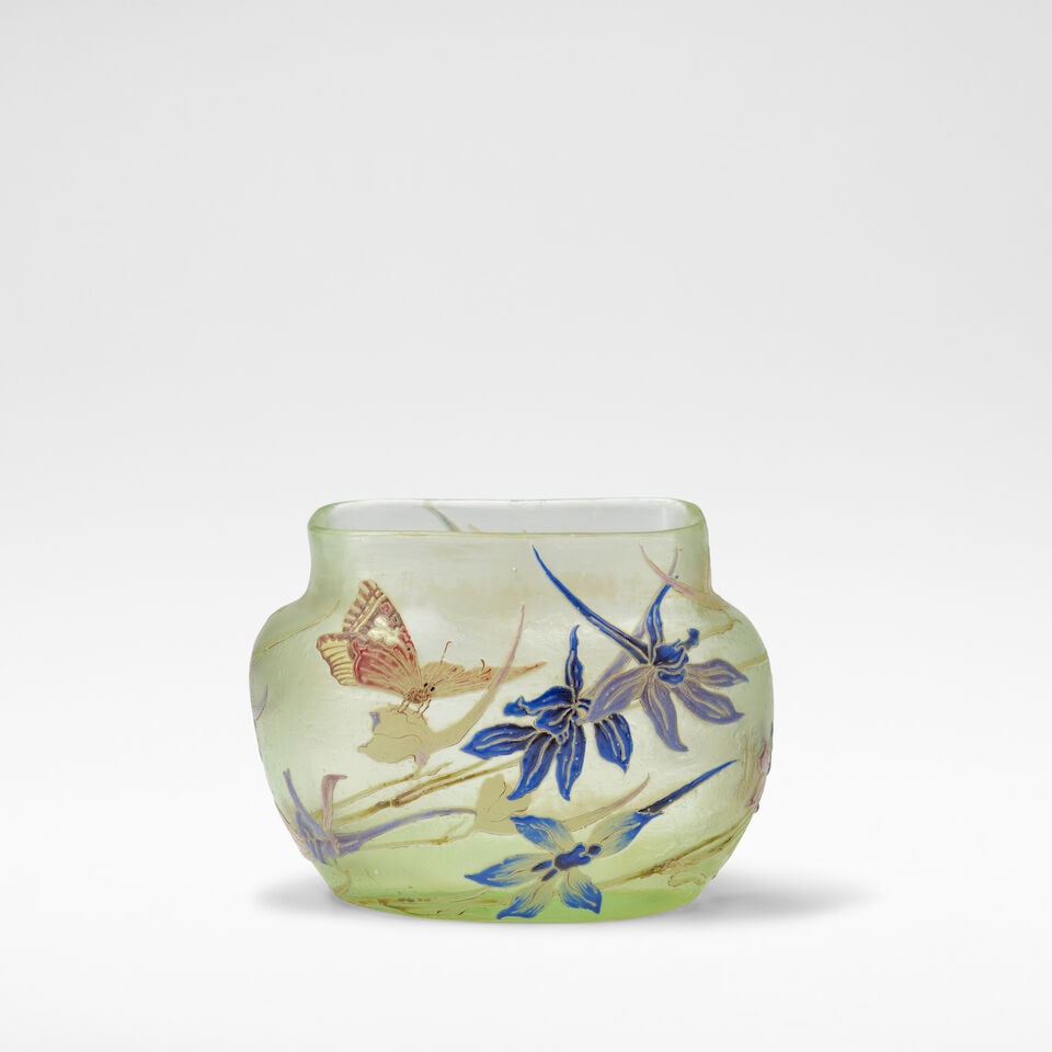 ÉMILE GALLÉ (1846-1904) 'IRIS ET AU PAPILLON' BOWL Nancy, France, circa 1900, green gl...: ÉMILE GALLÉ (1846-1904) 'IRIS ET AU PAPILLON' BOWL Nancy, France, circa 1900, green glass, acid etched with raised enamelled decoration of butterflies among irises, raised and gilt signature