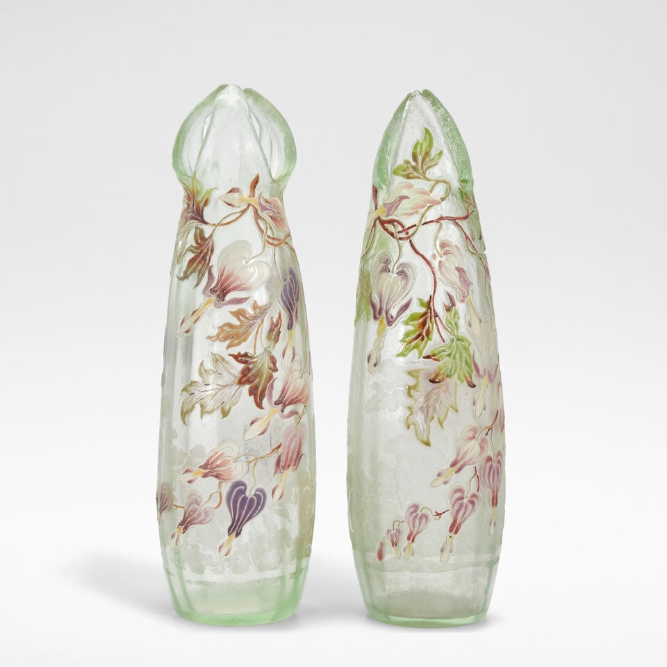 ÉMILE GALLÉ (1846-1904) NEAR PAIR OF 'CŒUR DE MARIE' ANEMONE VASES Nancy, France,...: ÉMILE GALLÉ (1846-1904) NEAR PAIR OF 'CŒUR DE MARIE' ANEMONE VASES Nancy, France, circa 1900, green glass, acid etched with raised enamelled decoration of bleeding hearts, both signed t
