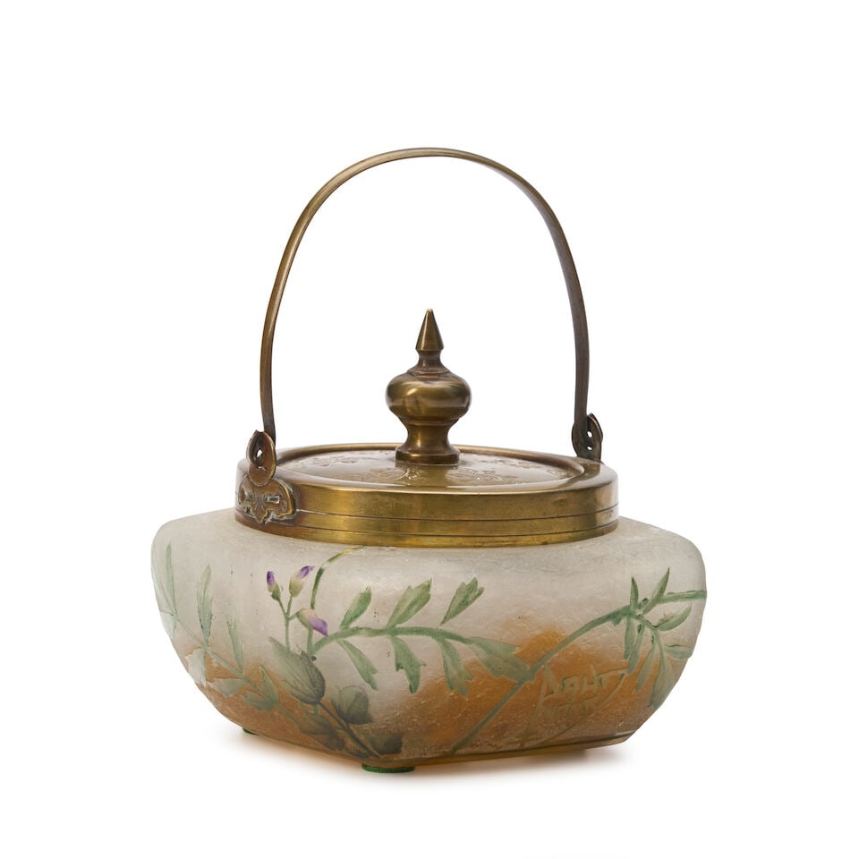 DAUM NANCY COVERED SUGAR BOWL Nancy, France, circa 1900, acid-etched and enameled glass, brass, ... (1 of 5)