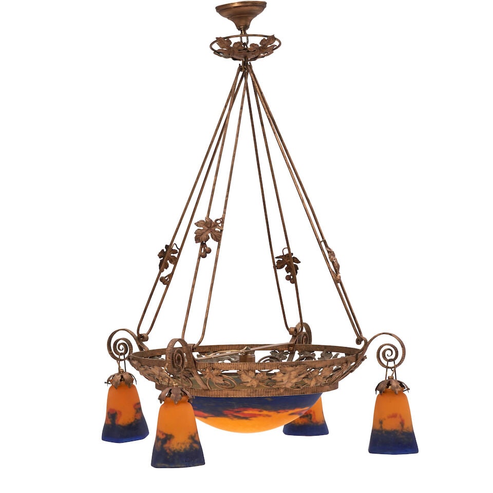 DEGUE ART NOUVEAU CHANDELIER France, circa 1910, patinated iron, steel, glass, five sockets, cen...: DEGUE ART NOUVEAU CHANDELIER France, circa 1910, patinated iron, steel, glass, five sockets, center glass shade and four drop shades, ornamental canopy and hanging hook, acid-etched marks 'Degue,' fix