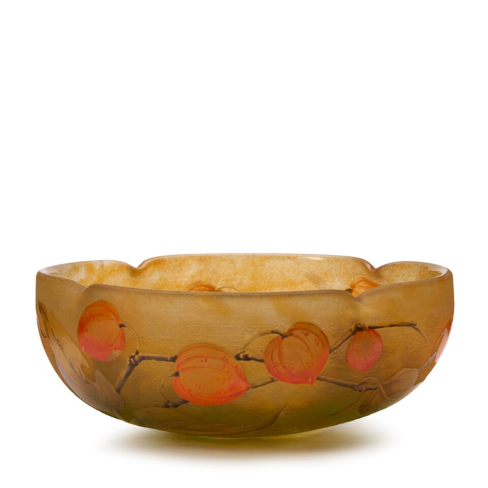 DAUM NANCY BOWL Nancy, France, circa 1900, acid-etched and enameled glass, acid-etched mark 'DAU... (1 of 5)