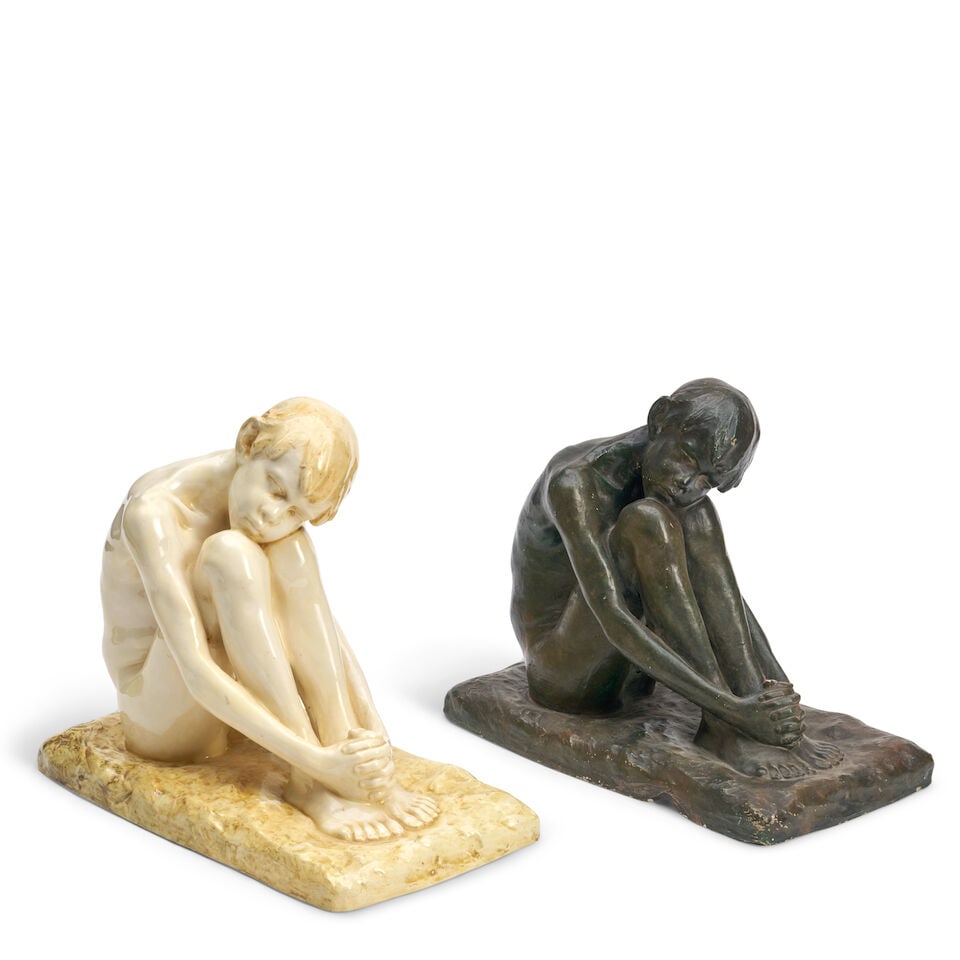 AUGUSTE FALISE (1875-1936) FOR HAGA FIGURE OF A BOY WITH THE PLASTER MAQUETTE The Netherlands, 1...: AUGUSTE FALISE (1875-1936) FOR HAGA FIGURE OF A BOY WITH THE PLASTER MAQUETTE The Netherlands, 1904-1907, glazed ceramic, ink stamp maker's mark 'Plateelbakkerij Haga Purmenend Holland,' painted marks