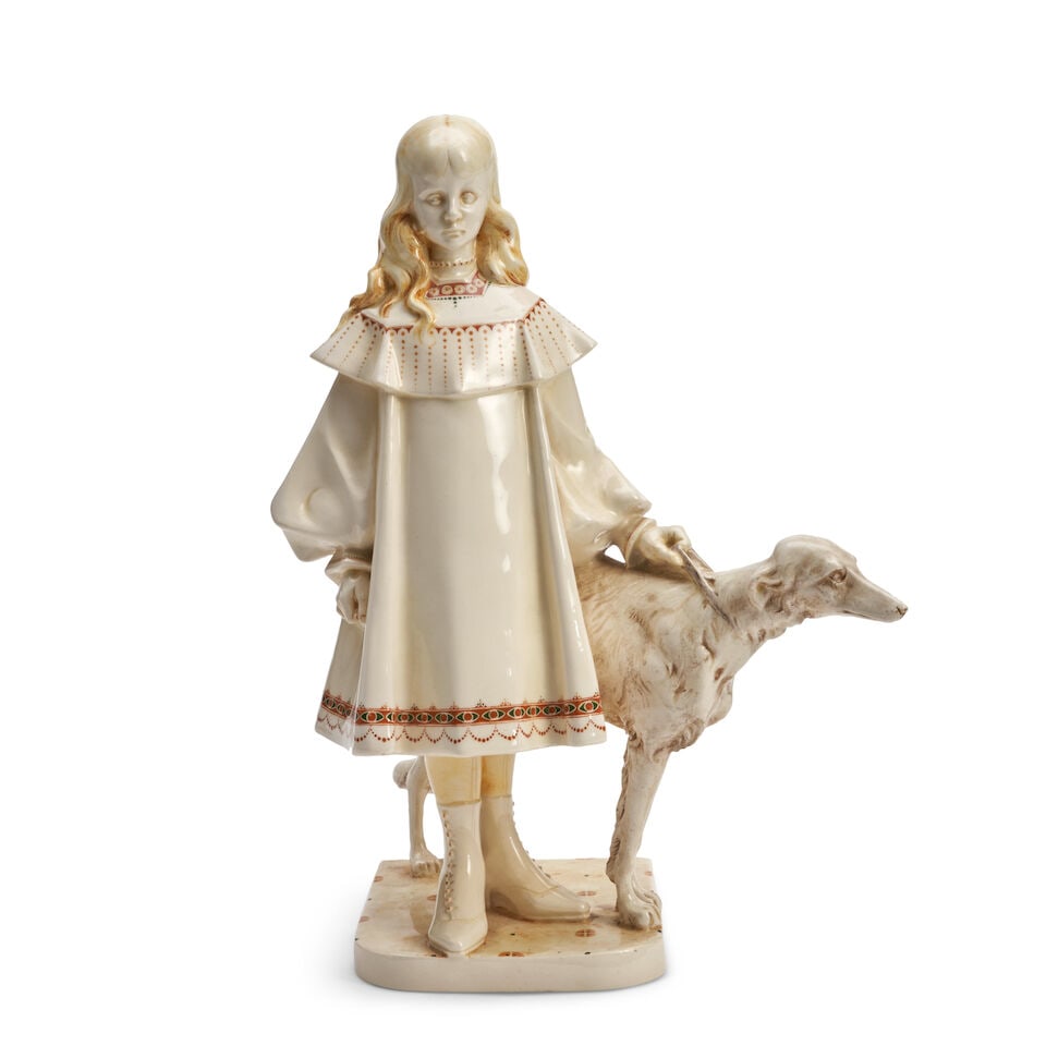 CHRISTIAAN JOHANNES VAN DER HOEF (1875-1933) FOR HAGA FIGURE OF A GIRL WITH BORZOI The Netherlan...: CHRISTIAAN JOHANNES VAN DER HOEF (1875-1933) FOR HAGA FIGURE OF A GIRL WITH BORZOI The Netherlands, circa 1906, glazed and enameled ceramic, maker's ink stamp mark 'Plateelbakkerij Haga HG Purmerend H